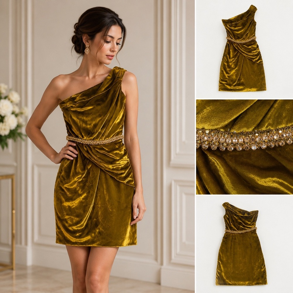 Ralph & Russo One Shoulder Velvet Mini Dress Gold Swarovski Crystal Cocktail 36‎